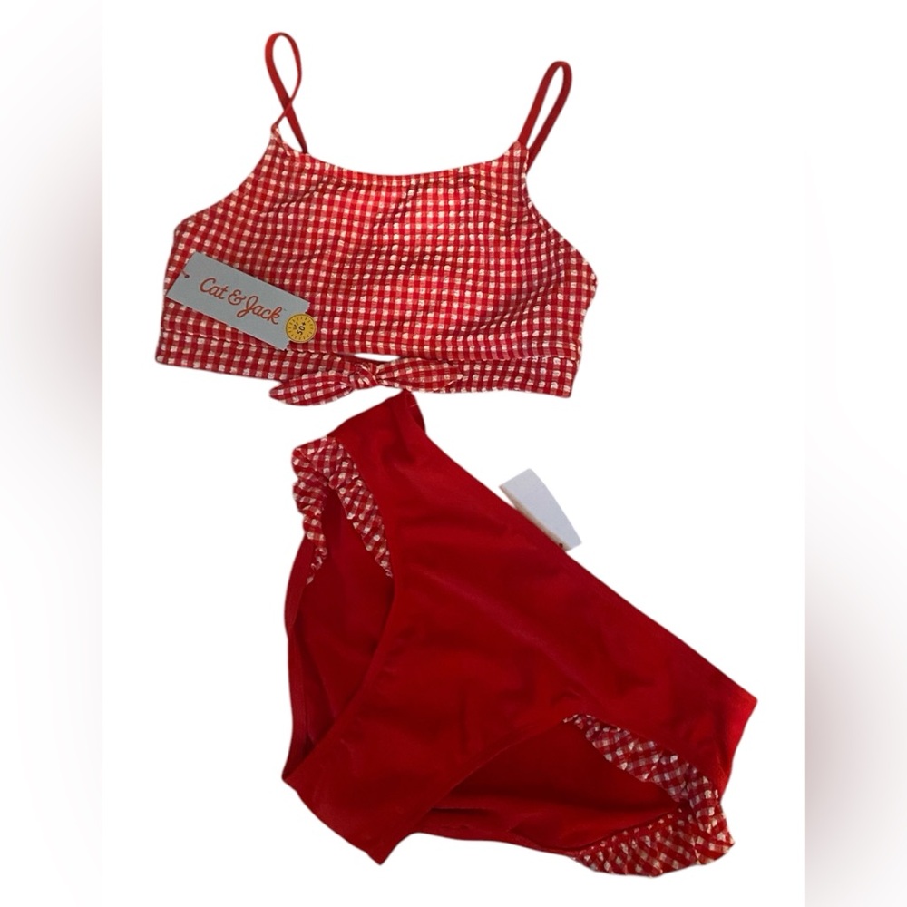 Cat &Jack NWT red gingham swimsuit bikini girls 14